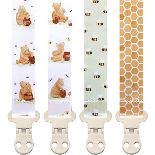 Baby Pacifier Clip Holder - Boy and Girl Unisex 4 Pack Gift Set – Vintage Classic Neutral Honey Winnie Bear and Bees Beige Yellow and Green