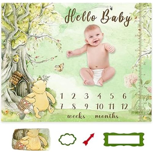 Classic Winnie Baby Monthly Milestone Blanket Growth Chart Design Soft Photography Background Photo Backdrop for Baby Girl Boy Nursery Decor 47x40 Inches