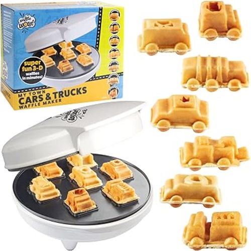 Cars & Trucks Mini Waffle Maker - Make 7 Different Vehicles- Police Car Firetruck Construction Truck & Automobile Shaped Pancakes- Electric Nonstick Iron with Recipe Guide, Fun Kid or Adult Gift