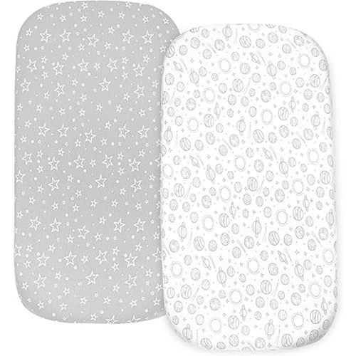 Bassinet Sheets Boy – 2-Pack Soft Fitted Bassinet Sheets, Organic Cotton, Breathable & Cozy, Fits 32x16x4 Inch Rectangle, Oval & Hourglass Mattresses (Grey)