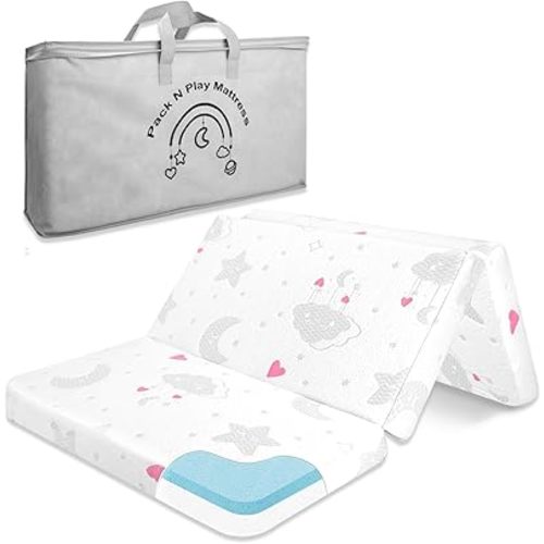 Trifold Pack and Play Mattress Pad, 38"x26" Memory Foam Dual Sided Pack N Play Mattresses for Baby Toddler, Portable Foldable Travel Mini Crib Mattress for Pack N Play Playpen with Carry Bag