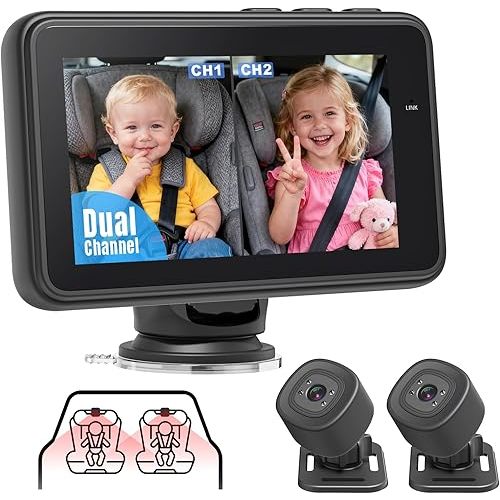Baby Car Camera for 2 Kids - 4.3" Dual Channel Car Baby Monitor with Split Screen,Night Vision, Wide View, Easy Install Rear Facing Backseat Camera for Baby