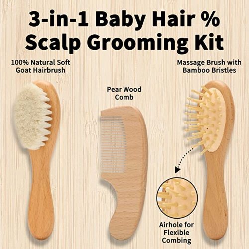 Goat Baby Hair Brush Set, Wooden Comb Massage Scalp Comb, Safe Natural Hair Care Kit, Soft Silicone Bath Brush for Newborns Toddlers (Brush Set+ Pink Massager)