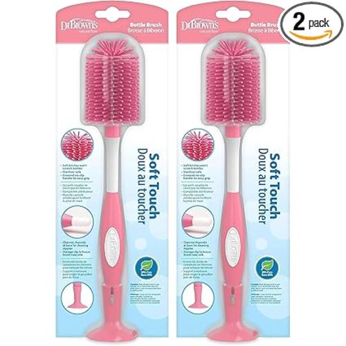 Dr. Brown's Soft Touch No Scratch Baby Bottle Cleaning Brush Nipple Cleaner with Stand and Storage Clip, BPA Free, Pink 2-Pack