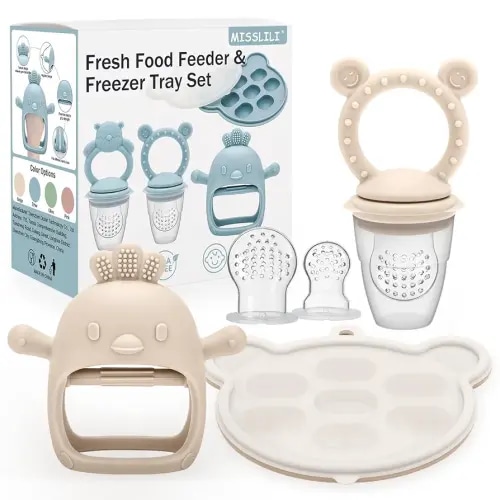3 Pack Silicone Teething Mitten for Babies with Baby Fruit Food Feeder & Freezer Tray Set, BPA Free Infant Teething Relief Toy for 3 Month+, Additional Silicone Sacs