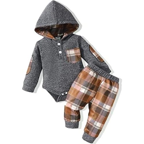 Renotemy Baby Boy Clothes Hoodie Newborn Boy Outfits Set Newborn Outfits Fall Winter Baby Boy Clothes 0-3 Months Grey Plaid