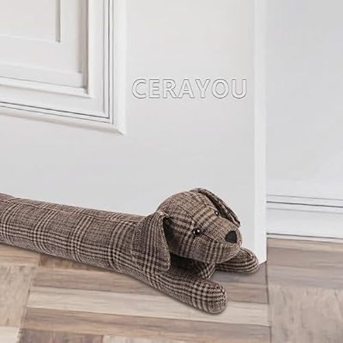 Dog Fabric Under Door Draft Stopper, 3LB Heavy Duty Decorative Soundproof Door Draft Blocker, 34 Inch Animal Energy Saving Draft Guard, Plaid