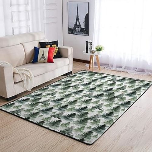 Watercolor Green Pine Trees Nursery Rugs for Baby Girl Boy Gender Neutral Trees Kids Throw Carpets for Living Room Bedroom Kids Room Nursery Winter Pines Landscape Floor Mat Rug 36x60inch