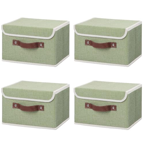 ANMINY 4PCS Storage Bins with Lid PU Leather Handles Storage Boxes PP Plastic Board Decorative Foldable Lidded Cotton Linen Fabric Home Cubes Baskets Closet Organizer Containers - Green, Small Size