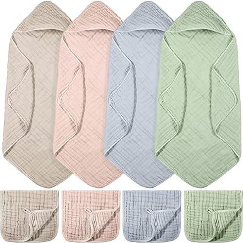 8 Pcs Baby Muslin Hooded Bath Towels and Washcloths, 32 x 32 Inch Muslin Cotton Hooded Baby Towels Absorbent Blankets for Gift Newborn Infant Shower (Cream Color)