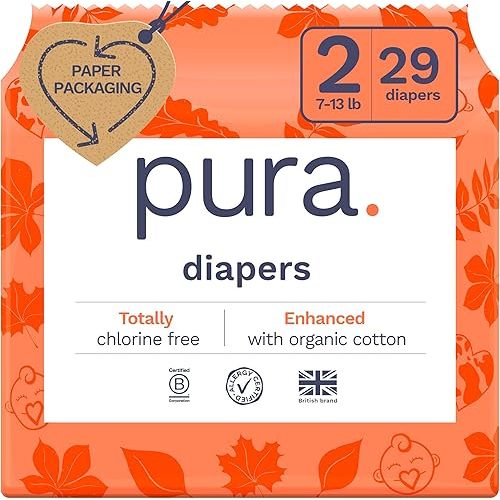 Pura Size 2 Eco-Friendly Diapers (7-13 lbs) TCF, Hypoallergenic, Soft Organic Cotton Comfort, Sustainable, Wetness Indictor. Allergy UK, Paper Packaging. 1 Pack of 29