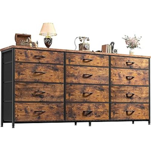 55" Dresser for Bedroom with 12 Fabric Drawers, Entertainment Center for 60 inch TV Dressers & Chests of Drawers Large Storage Organizer for Closet, Living Room, Metal Frame, Wood Top, Rustic Brown