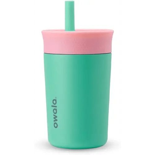 Owala Kids Insulation Stainless Steel Tumbler with Spill Resistant Flexible Straw, Easy to Clean, Kids Water Bottle, Great for Travel, Dishwasher Safe, 12 Oz, Pink and Teal (Real Cool Fish)