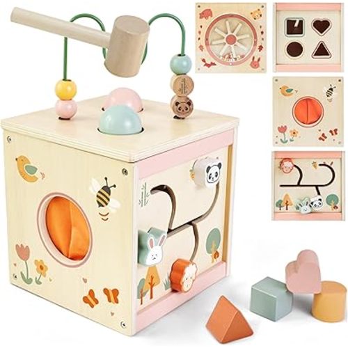 Wooden Montessori Activity Cube for 1 Year Old | 7-in-1 Baby Toy with Rainmaker, Spinning Gears Shape Sorter, Animal Maze, Magic Box, Bead Maze | First Birthday Gift for Toddlers