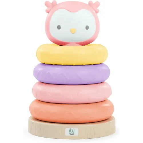 Ingenuity: ity by Ingenuity Cutie Stacks - Baby Stacking Rings Toy, 4 BPA-Free Rings, Faux Wood Stand, Owl Topper, Ages 6+ Months and Up - Nally