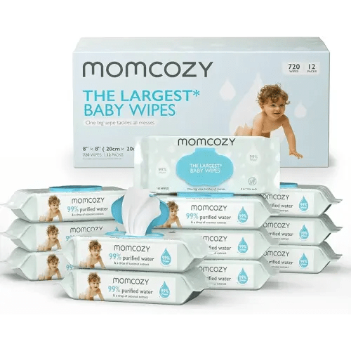 Momcozy Water Baby Wipes-Extra Large Size Design, 99% Water Based Wipes, Unscented & Hypoallergenic, Cleansing & Moisturizing Baby Wipes for Sensitive Skin, 12 Flip-Top Packs (720 Wipes Total)