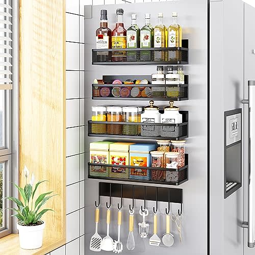 Aufworld Magnetic Spice Rack for Refrigerator, 5 Pack Magnetic Shelf, Moveable Magnetic Fridge Organizer with 8-Hook Rack, Seasoning Organizer for Kitchen Organization and Storage (5 Pack)
