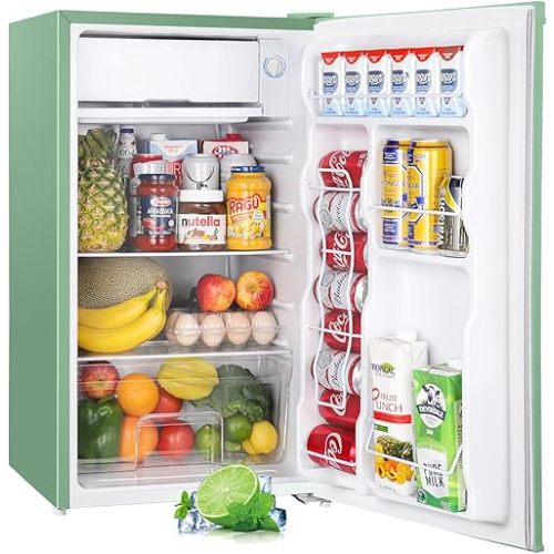 Upstreman 3.2 Cu.Ft Mini Fridge with Freezer, Single Door Mini Fridge, Dorm Fridge, Adjustable Thermostat, Mini Refrigerator for Bedroom, Office, Dorm, Green-BR321