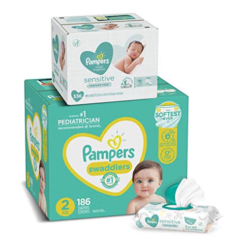 Diapers Size 2, 186 Count and Baby Wipes - Pampers Swaddlers Disposable Baby Diapers and Water Baby Wipes Sensitive Pop-Top Packs, 336 Count (Packaging May Vary)