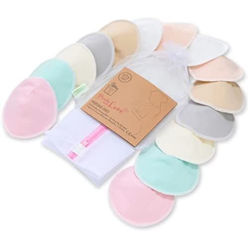Organic Bamboo Nursing Breast Pads - 14 Washable Pads + Wash Bag - Breastfeeding Nipple Pad for Maternity - Reusable Nipplecovers for Breast Feeding (Pastel Touch, Large 4.8")