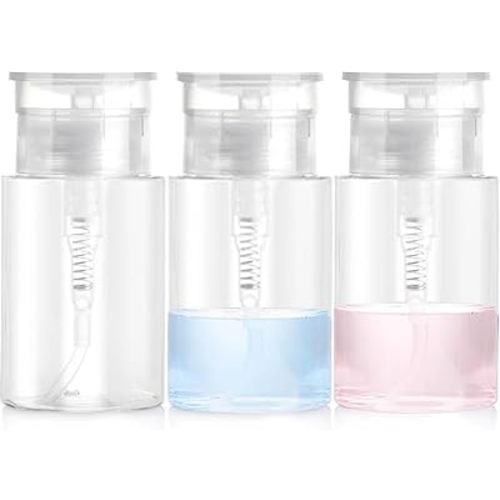 3 Pack Push Down Pump Dispenser with 6 Labels, Empty Push Top Bottles for Nail Polish, Makeup Remover, Micellar Water, Essence, Dish & Facial Toner, 2oz/60ml