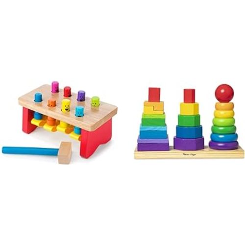 Melissa & Doug Geometric Stacker - Wooden Educational Toy & Deluxe Pounding Bench Wooden Toy with Mallet