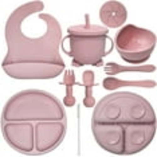 HippoBaby Baby Led Weaning Supplies | 10 Piece Silicone Feeding Set | Baby Toddler Bib Cup Divided Plate and Bowl Self Feeding Spoons Dish Set | Toddler Feeding Supplies (Rose Quartz)