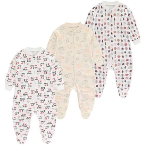 Baby Girls Boys Footed One-Piece Romper Cotton Long Sleeve Jumpsuit Zip Front Footie Romper 0-12 Month