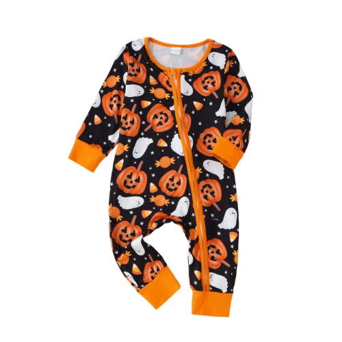 DHFJKG Toddlers Boys Bodysuit Casual Cute Halloween Pumpkin Printed Long Sleeve Zipper Onesie Baby Onesies Unisex 0-3 Months