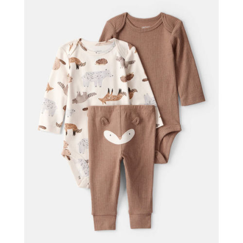 Baby Boy 3-Piece Fox Print Long-Sleeve Bodysuits & Pant Set - White/Brown - Carter's | Carter's