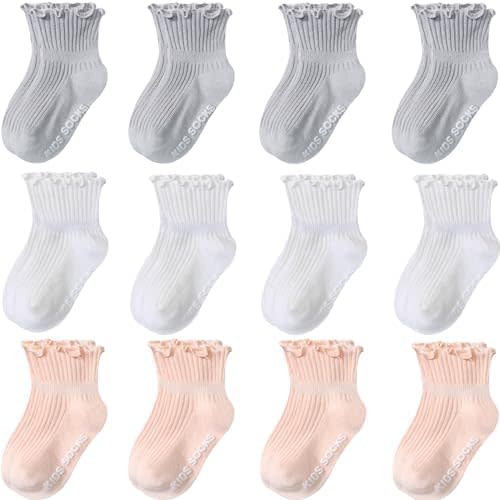 Baby Toddle Socks Grip Non Slip Boys Girls Cotton Socks 12 Pack for Kids Ankle Cute Socks 6M-7Years