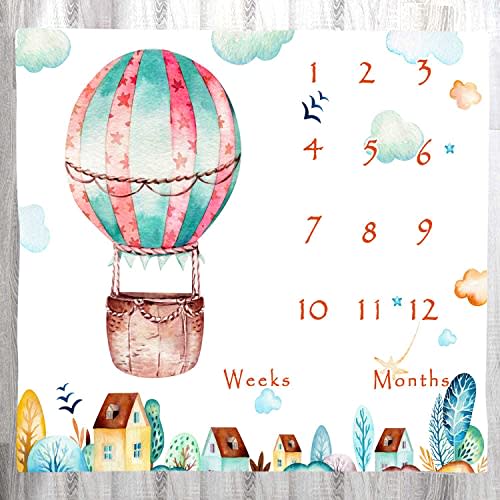 LYLYCTY Baby Monthly Milestone Blanket, City Cartoon Hot Air Balloon Baby Growth Chart Memory Blanket, 48x40 Inch Newborn Swaddle Blanket Nurse Receiving Blanket BTMLLY74