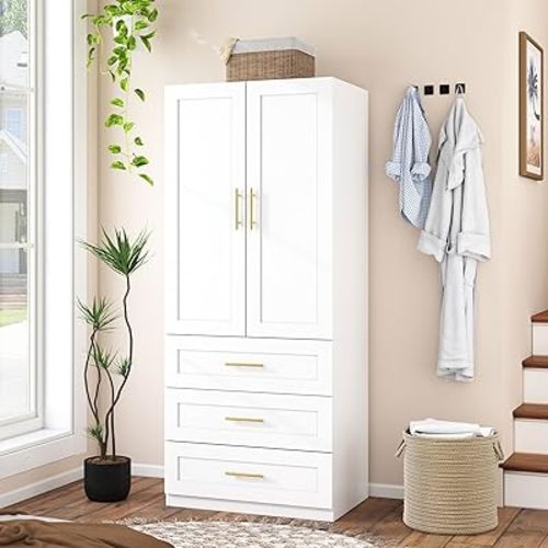 White Armoires Wardrobes Closet：Bedroom Armoire Wardrobe Closet with Hanging Rod, Modern Wardrobe Cabinet with Drawers, Wood Closet with Doors and Shelves (White, 31.5")