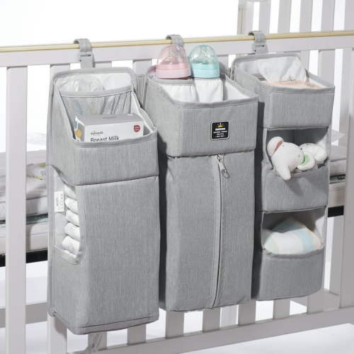 Sunveno 3-in-1 Crib Nursing Organizer Set for Baby Essentials Storage, Gray