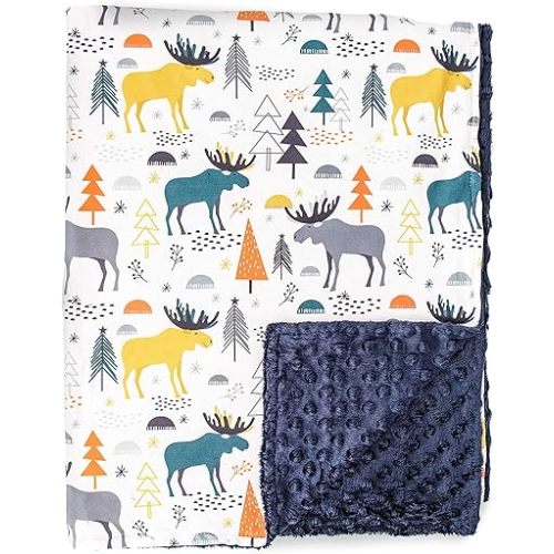 Top Tots Baby Blanket - Blue Grey Gold Moose with Minky Dot, 38.5 x 29 Inch Navy Blue