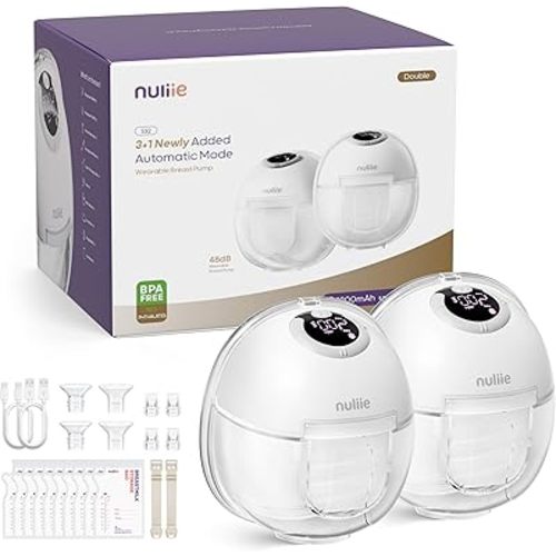 Nuliie Extractor de leche manos libres, bomba de lactancia materna portátil, 4 modos, 9 niveles con brida de 18/21/0.945 in, extractor de leche eléctrico portátil, accesorios de bombeo reemplazados