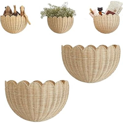 Scalloped Hanging Wicker Baskets for Wall, Scalloped Wicker Wall Baskets, Scallope d Hanging Basket s, Wicke r Wal l Baske ts, For Living Room, Study, Nursery Decor (2)