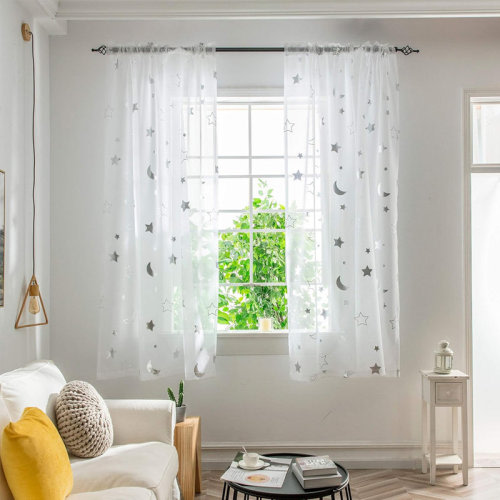 Latitude Run® Star Moon Sheer Curtains For Nursery Bedroom - Galaxy Space Theme - Light Filtering Gold Foil Print - Set Of 2 Panels - 39.3X78.7In | Wayfair