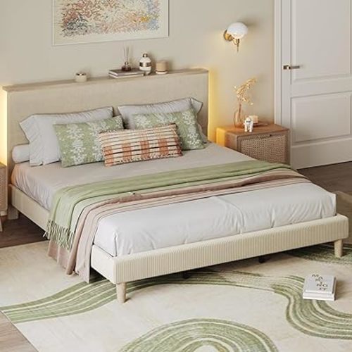 Bestier King Size Corduroy Upholstered Bed Frame with Adjustable Vertical Channel Tufted Headboard, LED Platform Bed Frame with Storage Shelf, Solid Wood Slats, No Box Spring Needed, No Squeaks(Beige)