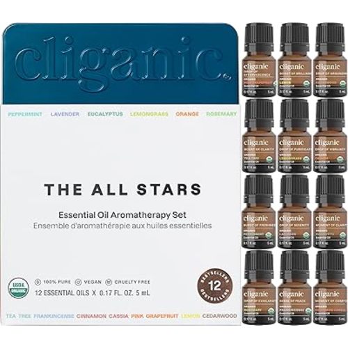 Cliganic Organic Aromatherapy TOP 12 Essential Oils Set, 100% Pure - Peppermint, Lavender, Eucalyptus, Tea Tree, Lemongrass, Rosemary, Frankincense, Orange, Lemon, Cassia, Cedarwood & Grapefruit