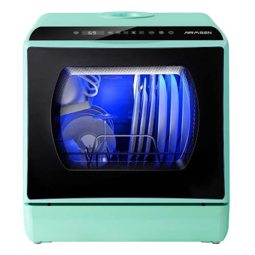AIRMSEN Portable Countertop Dishwasher with 5-Liter Built-in Water Tank and Air-Dry Function, 5 Washing Programs Mini Dishwasher, Mint Green