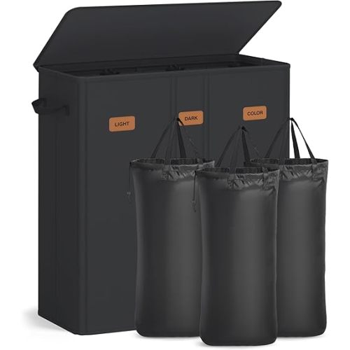 SONGMICS 47.6 Gallon (180 L) Laundry Hamper, 3-Compartment Laundry Basket Sorter with Lid, Labels, Removable Liner Bags, for Bedroom, Ink Black URLH013B01