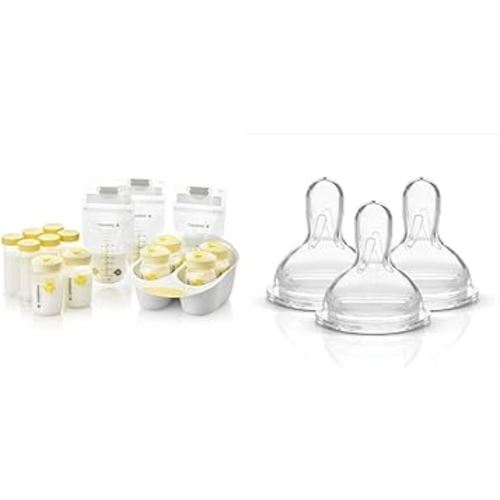 Medela Breast Milk Storage Solution Set, Breastfeeding Supplies & Containers, Breastmilk Organizer, Made Without BPA & Slow Flow Spare Nipples with Wide Base, 3 Pack