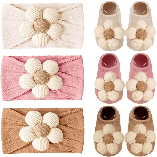 WillingTee Baby Girl Headband and Socks, Non-Slip Floral Socks and Soft Floral Nylon Hairbands for Babies Infants and Toddlers 0-12 Months