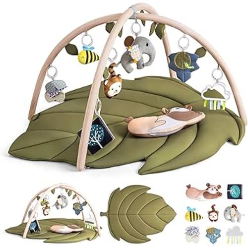 Infant Activity Center for Newborn to Develop Motor Cognition Leaves Leaf-Shaped Baby Play Gym & Activity Mat Extra Large Tummy Time Mat with 8 Detachable Toys