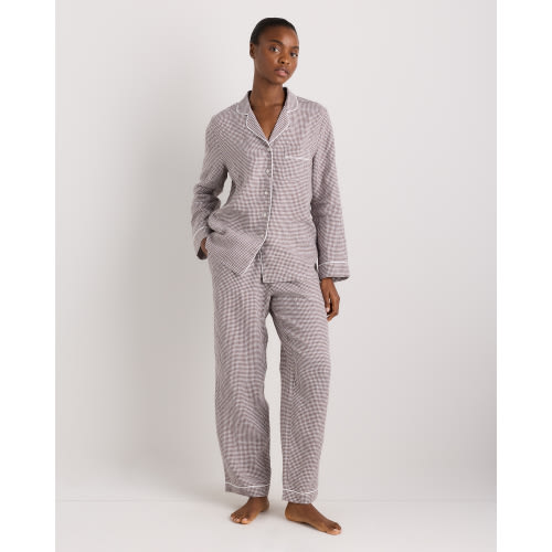 100% European Linen Long Sleeve Pajama Set with Piping in Taupe Brown Mariner Stripe