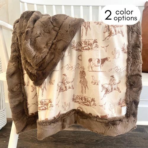 Personalized western baby boy blanket for cowboy baby name tag blanket western nursery little buckaroo ranch horse cow and bronc bedding