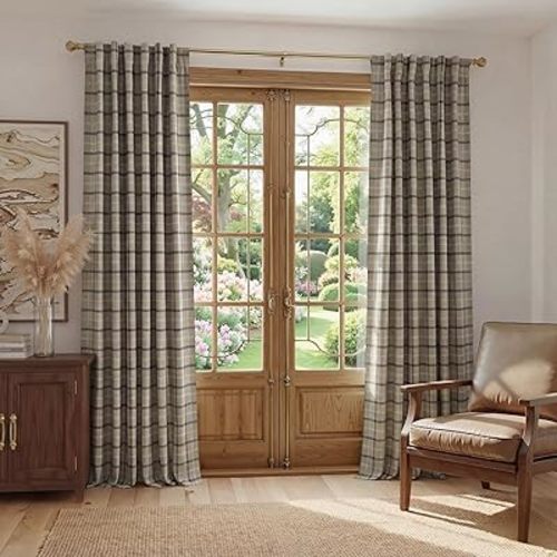 NICETOWN Buffalo Check Curtains 84 inch Length Kitchen Living Room Bedroom Autumn Gingham Plaid Window Basement Drapes, 2 Panels Rod Pocket Back Tab Window Treatment Set, Taupe, 52" Wide