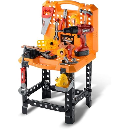 Toy Choi's 82pcs Kids Tool Bench Toy for Age 2-4 - STEM Construction Kid Tool Set Toddler Workbench with Realistic Tools Electric Drill, Build a Tool Bench for Kids Ages 3-5 4-7