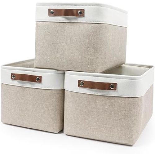 Storage Bins Large Fabric Storage Baskets for Shelves 3 Pack, Decorative Linen Closet Baskets with Handles for Organizing, Shelf, Clothes, Home, Office, 15x11x9.5Inches (Beige&White)